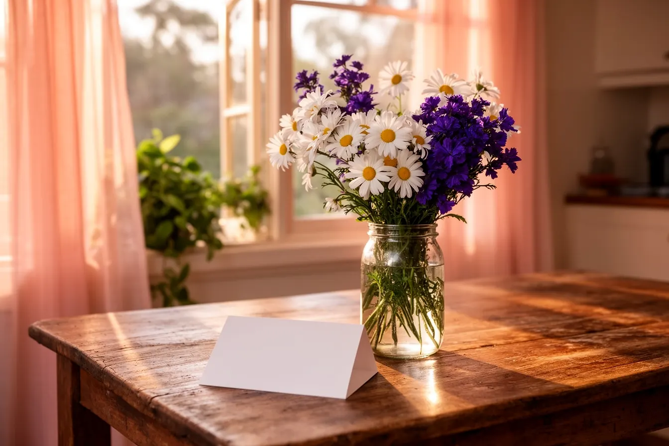 Flowers on a sunny kitchen table