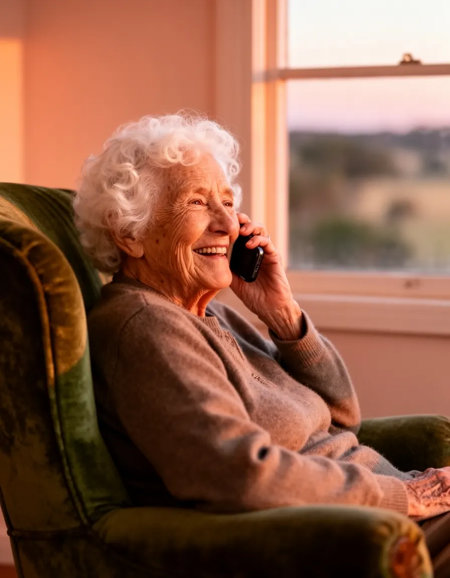 An older woman smiling on the phone in her armchair